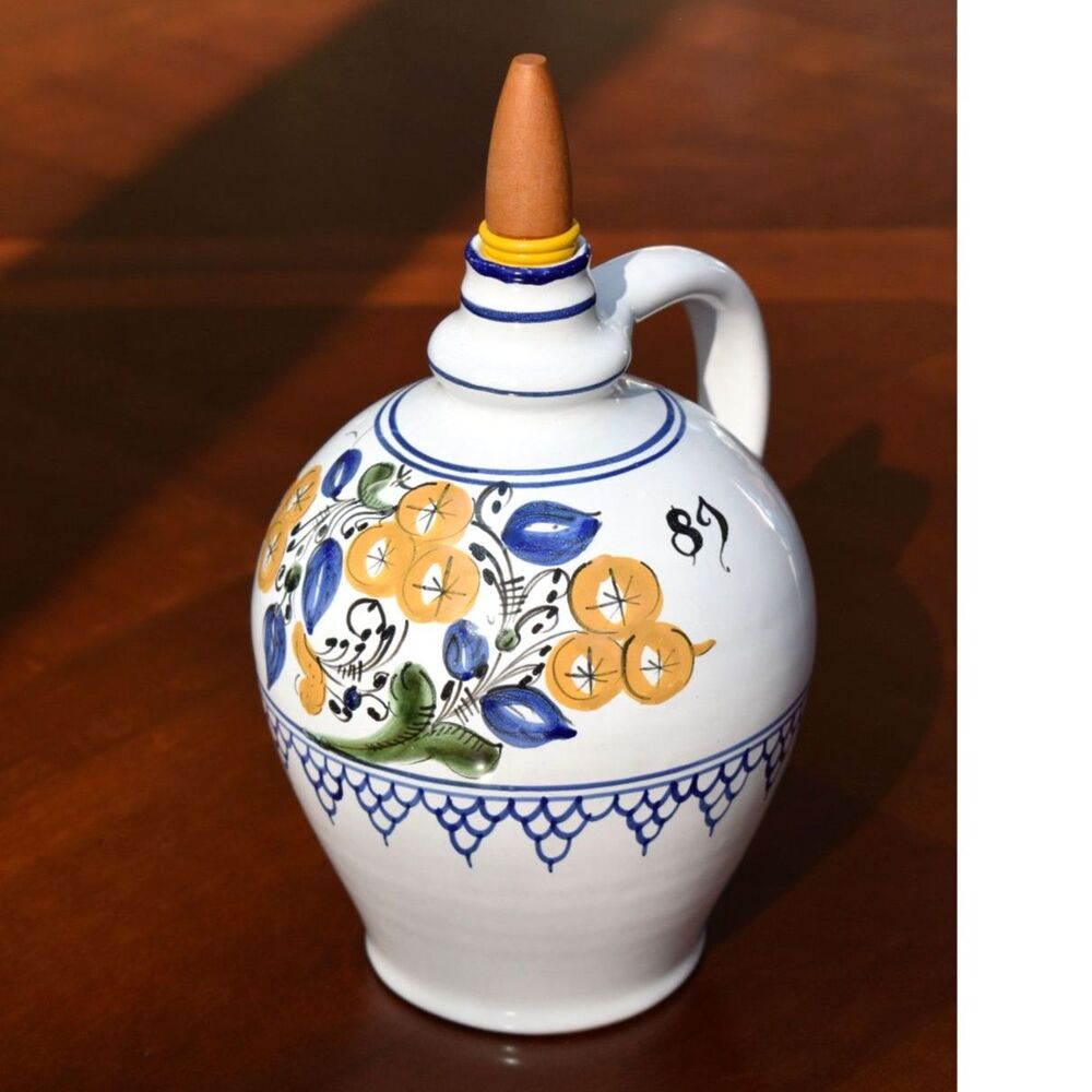Handled Pottery Vase with Wooden Cork, Signed, Likely Italian Origin